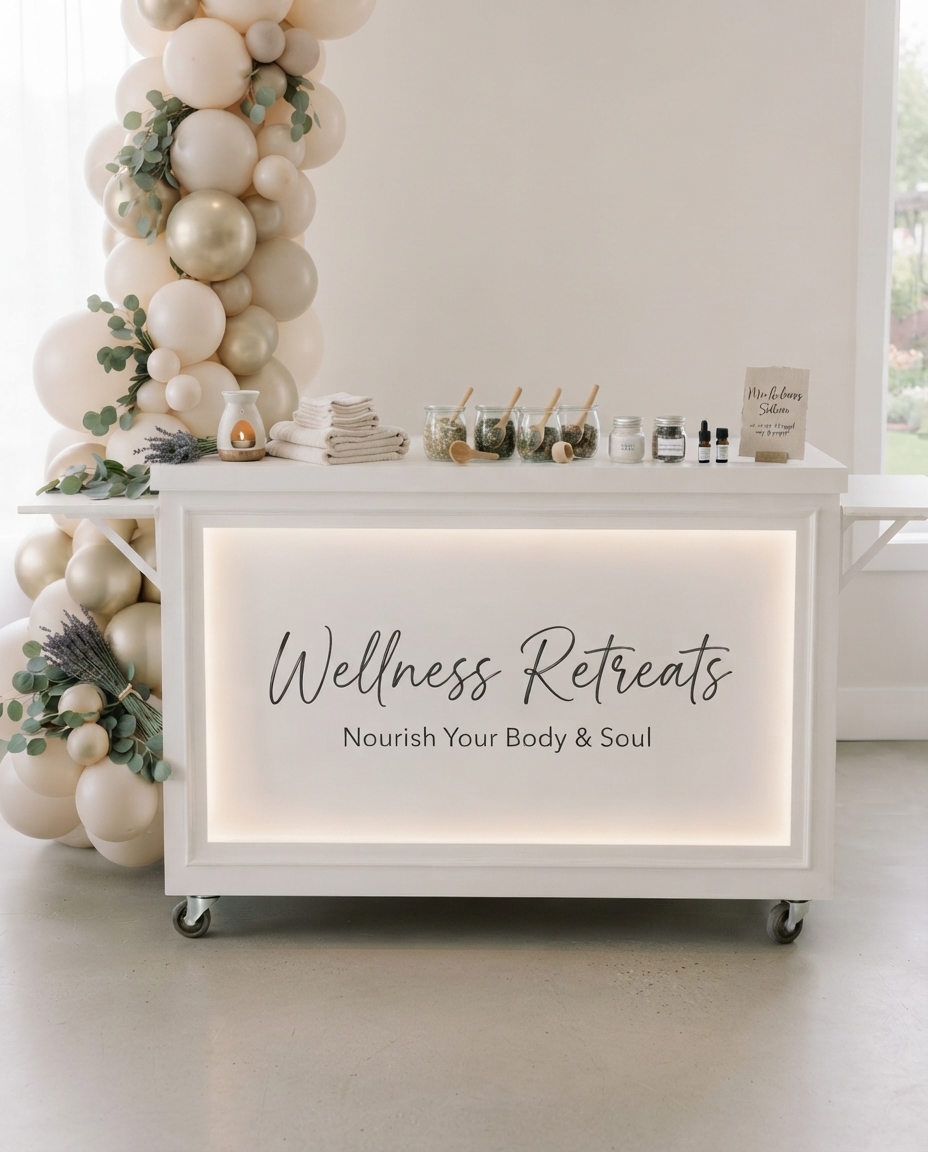 White mobile event cart with a 'Wellness Retreats' custom decal on the backlit front panel, styled as a wellness station with bath salts, towels, essential oils and a balloon garland