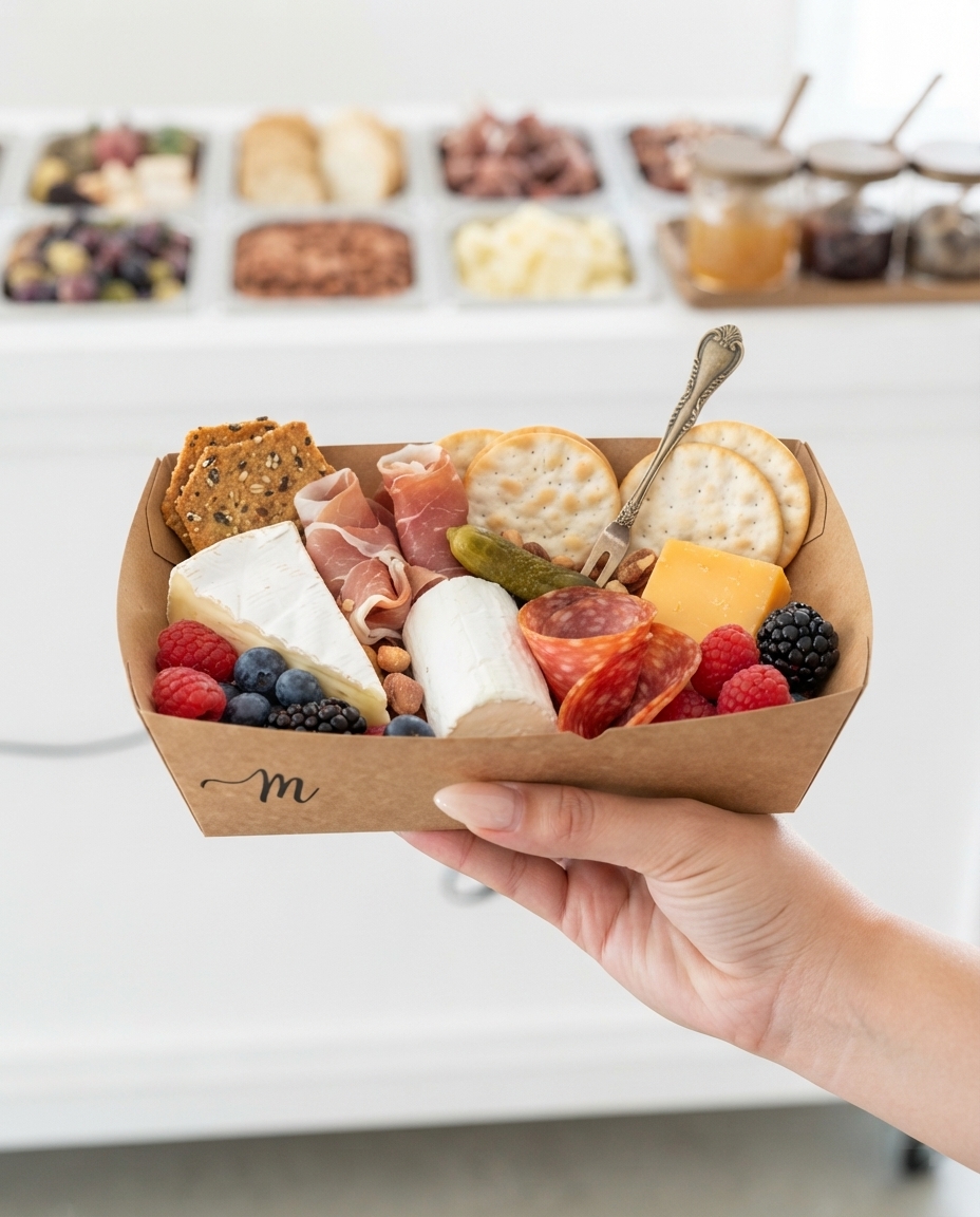 Handheld charcuterie box with cheeses, cured meats, berries, crackers, pickles and a script M, held in front of the cart