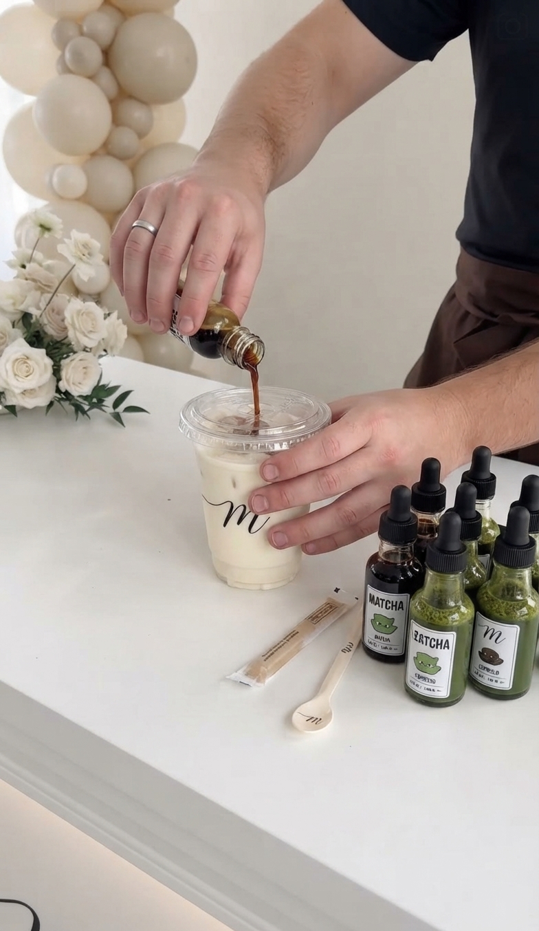 Iced matcha and espresso drink being prepared on the cart with branded bottles