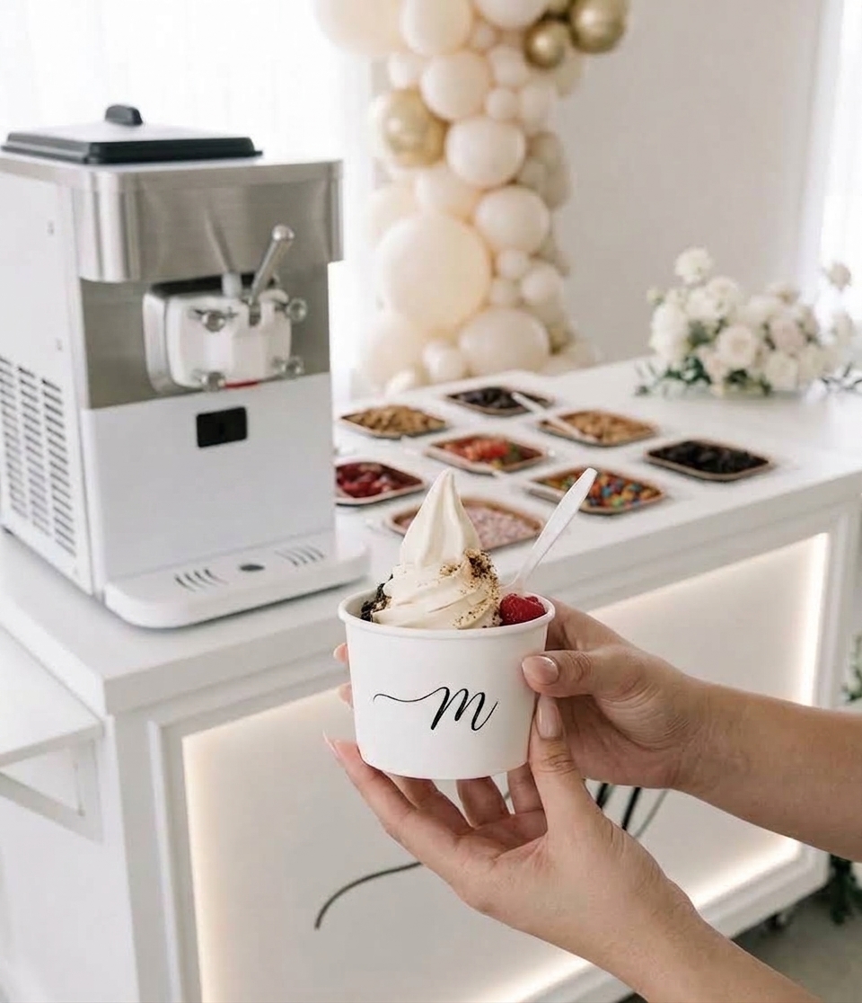 Swirled soft serve in a branded cup with toppings and a toppings bar