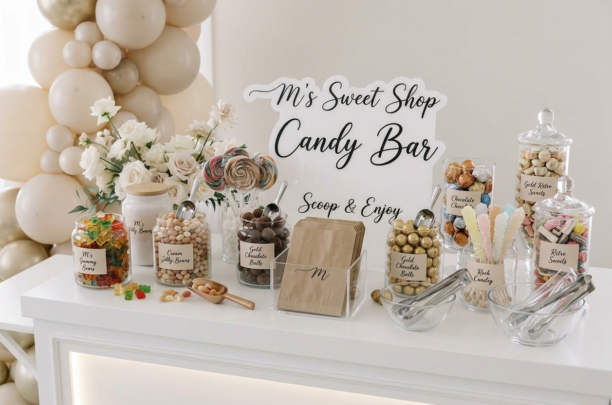 Candy bar display with glass jars of sweets, paper bags and scoops on the cart